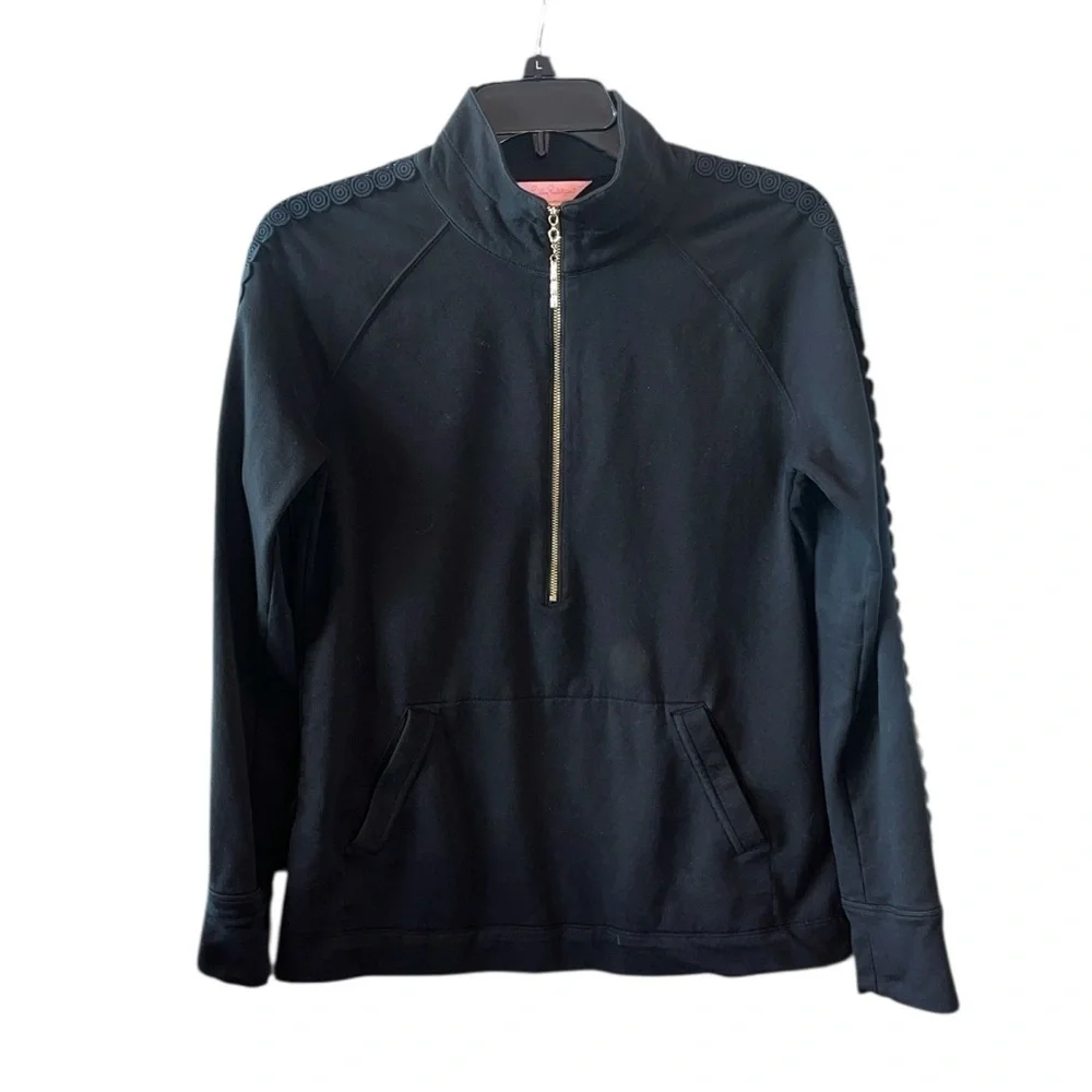 Lilly Pulitzer Skipper Popover Onyx Black Lace Sleeve Quarter Zip Top Size Small - Picture 3 of 11